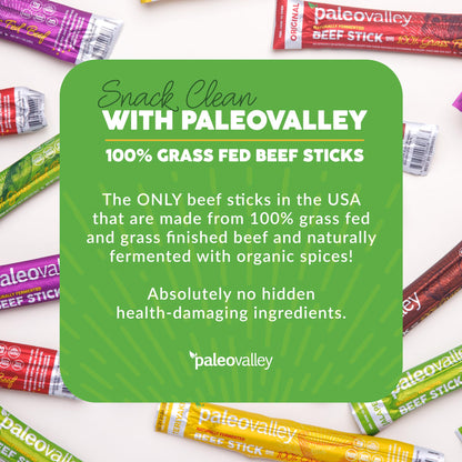 Paleovalley 100% Grass Fed Beef Sticks - Delicious Gluten Free Beef Snack - High Protein Keto Friendly, 50 Count Variety Pack - Maple Wellness Supplements