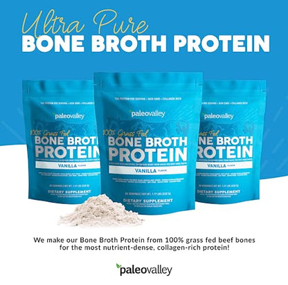 Paleovalley 100% Grass Fed Bone Broth Protein Powder - Vanilla - Rich in Collagen for Hair - Maple Wellness Supplements