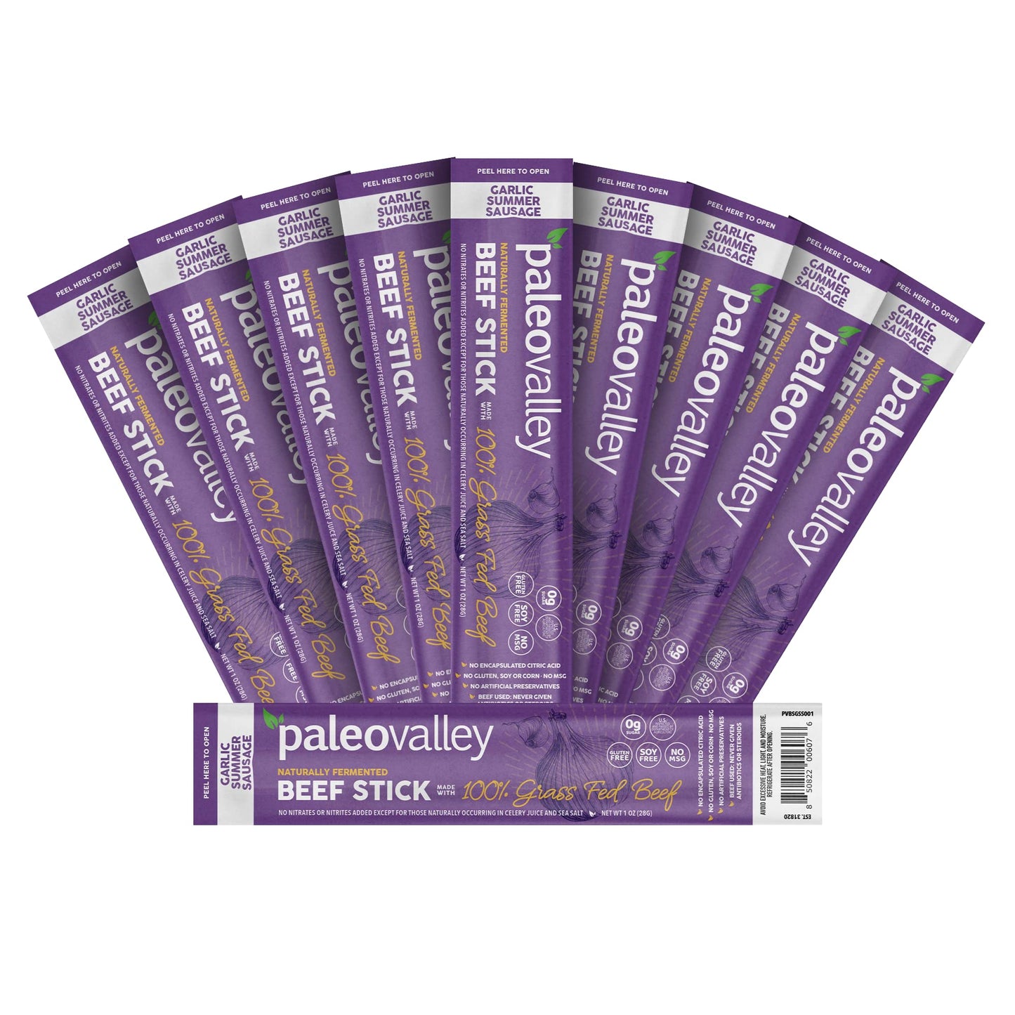 Paleovalley 100% Grass Fed Garlic Summer Sausage Beef Sticks - Delicious Gluten Free Beef Snack - High Protein Keto Friendly - Maple Wellness Supplements