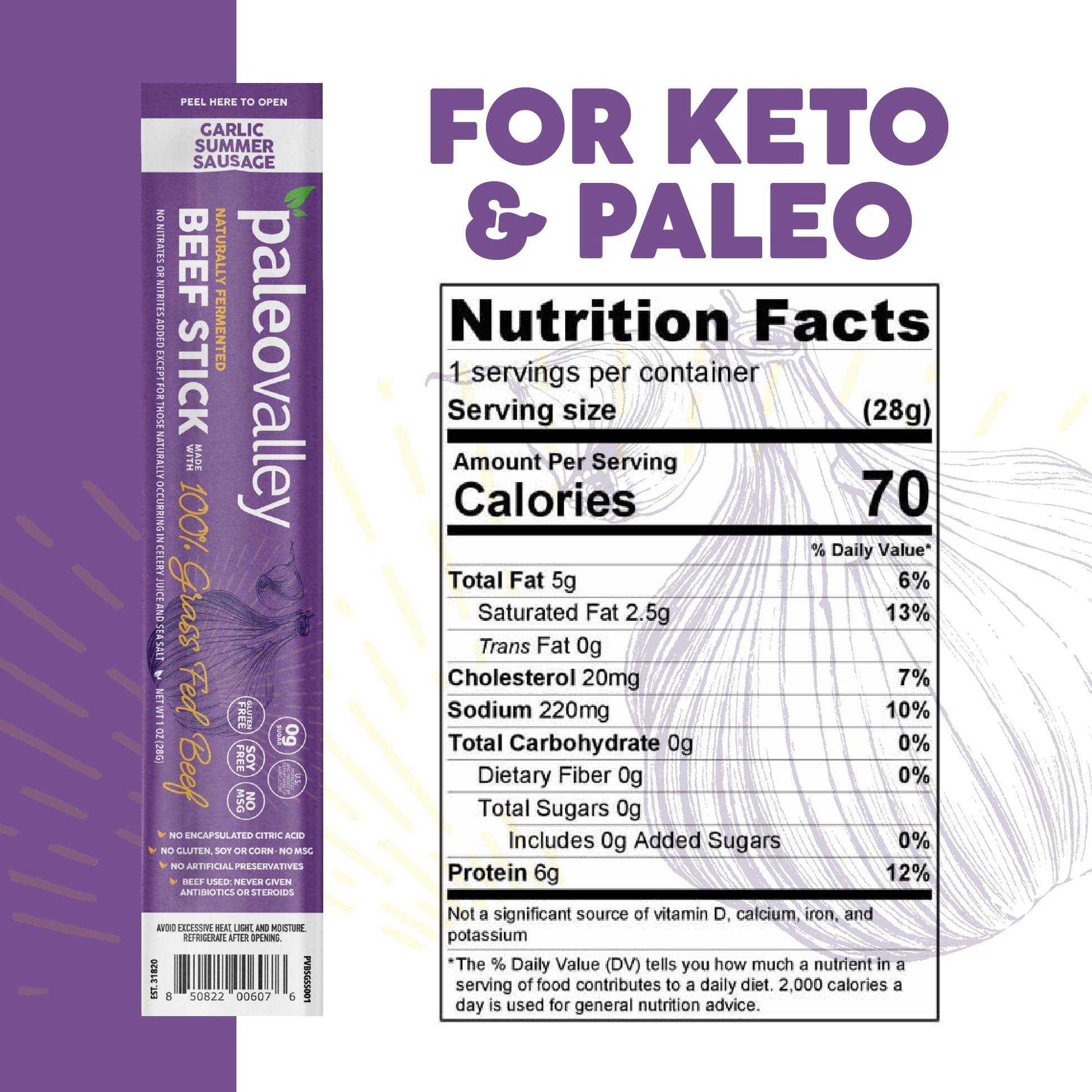 Paleovalley 100% Grass Fed Garlic Summer Sausage Beef Sticks - Delicious Gluten Free Beef Snack - High Protein Keto Friendly - Maple Wellness Supplements