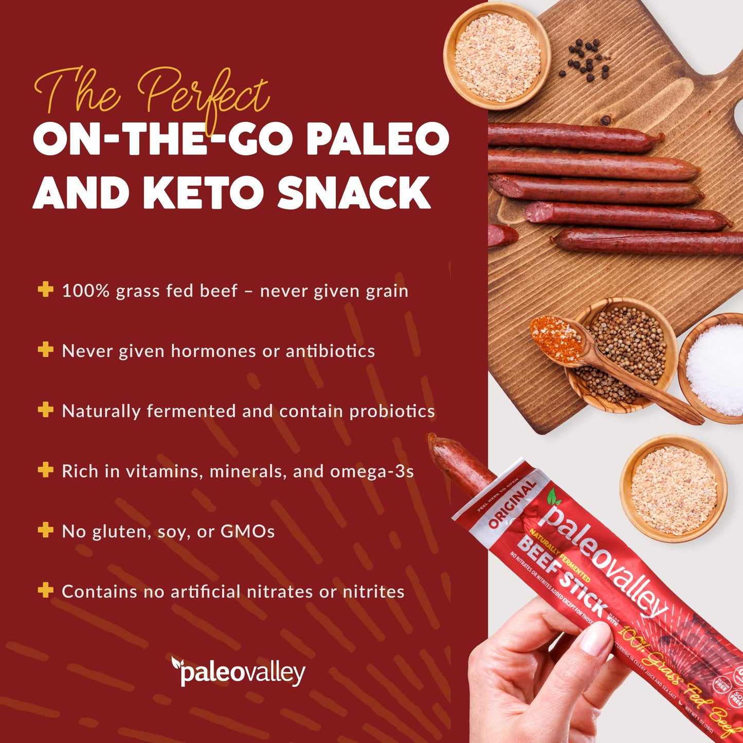 Paleovalley 100% Grass Fed Original Beef Sticks - Delicious Gluten Free Beef Snack - High Protein Keto Friendly - Maple Wellness Supplements