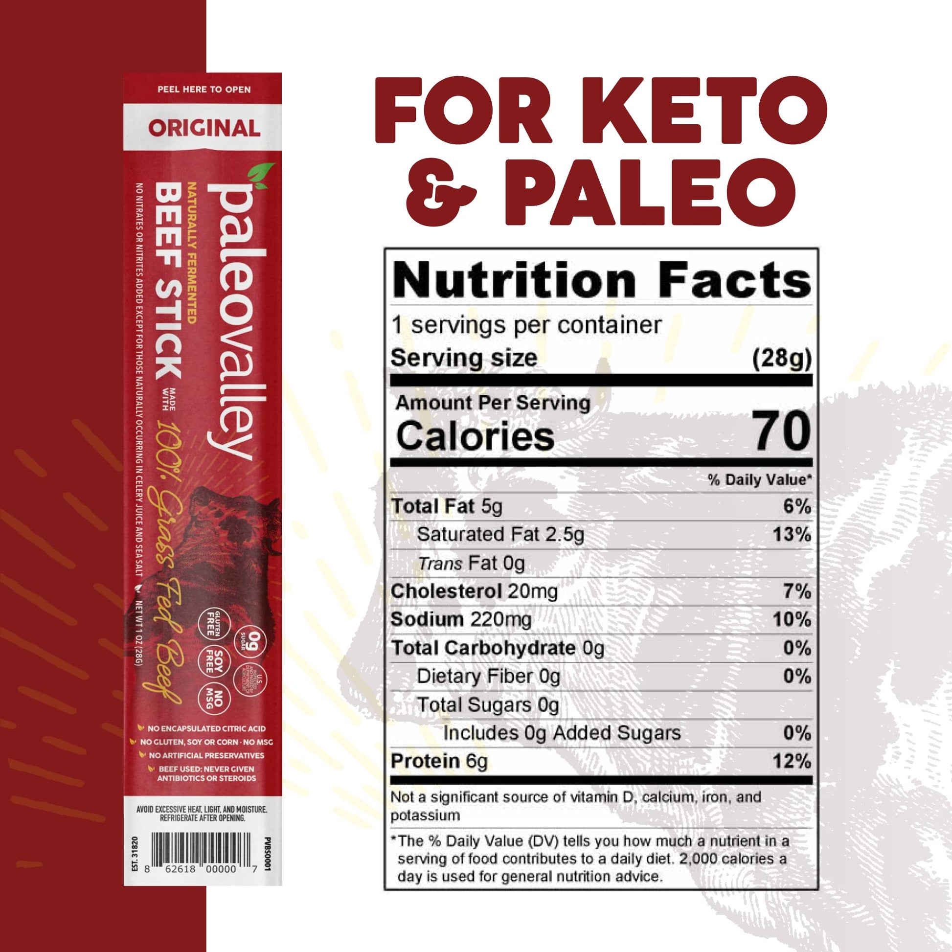 Paleovalley 100% Grass Fed Original Beef Sticks - Delicious Gluten Free Beef Snack - High Protein Keto Friendly - Maple Wellness Supplements