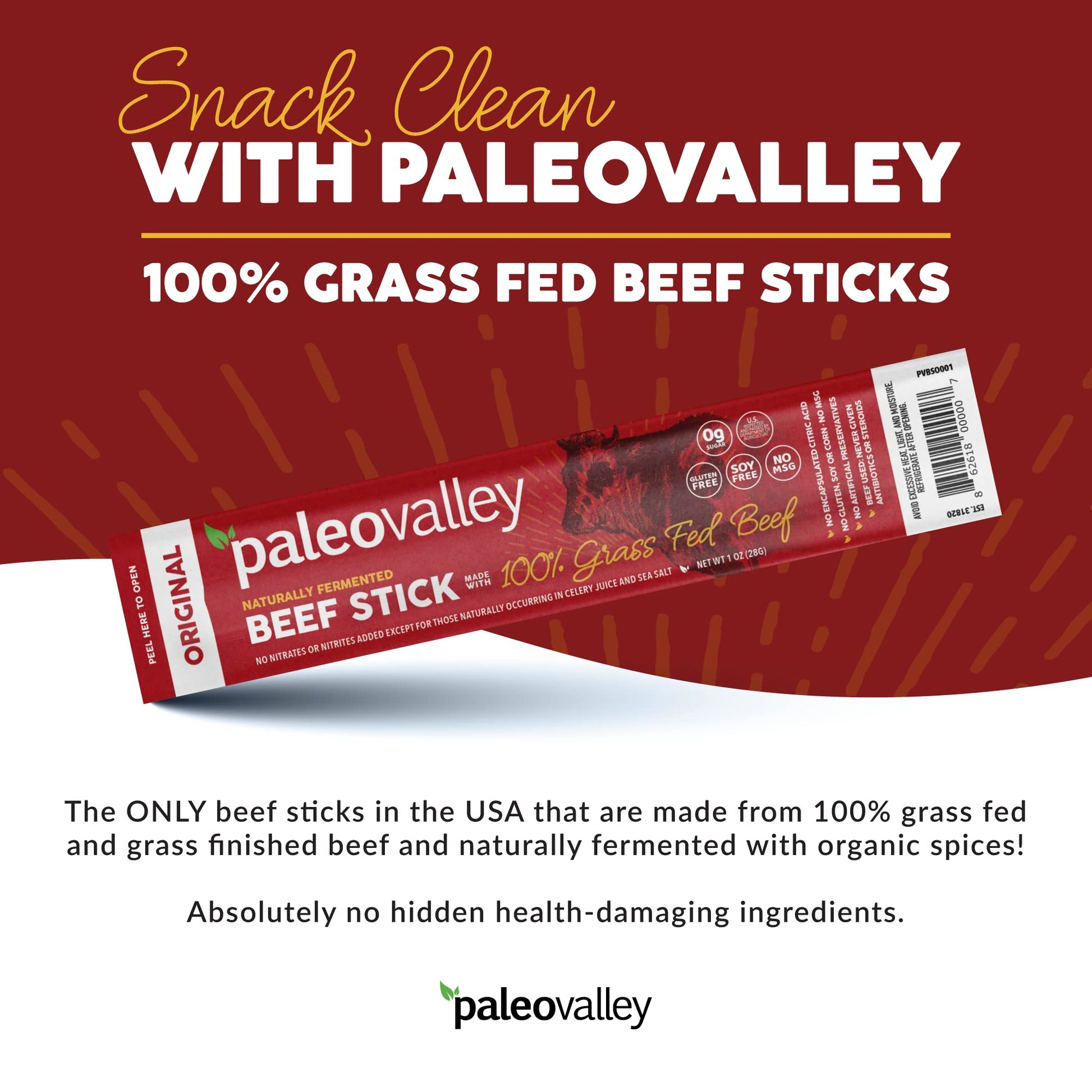 Paleovalley 100% Grass Fed Original Beef Sticks - Delicious Gluten Free Beef Snack - High Protein Keto Friendly - Maple Wellness Supplements