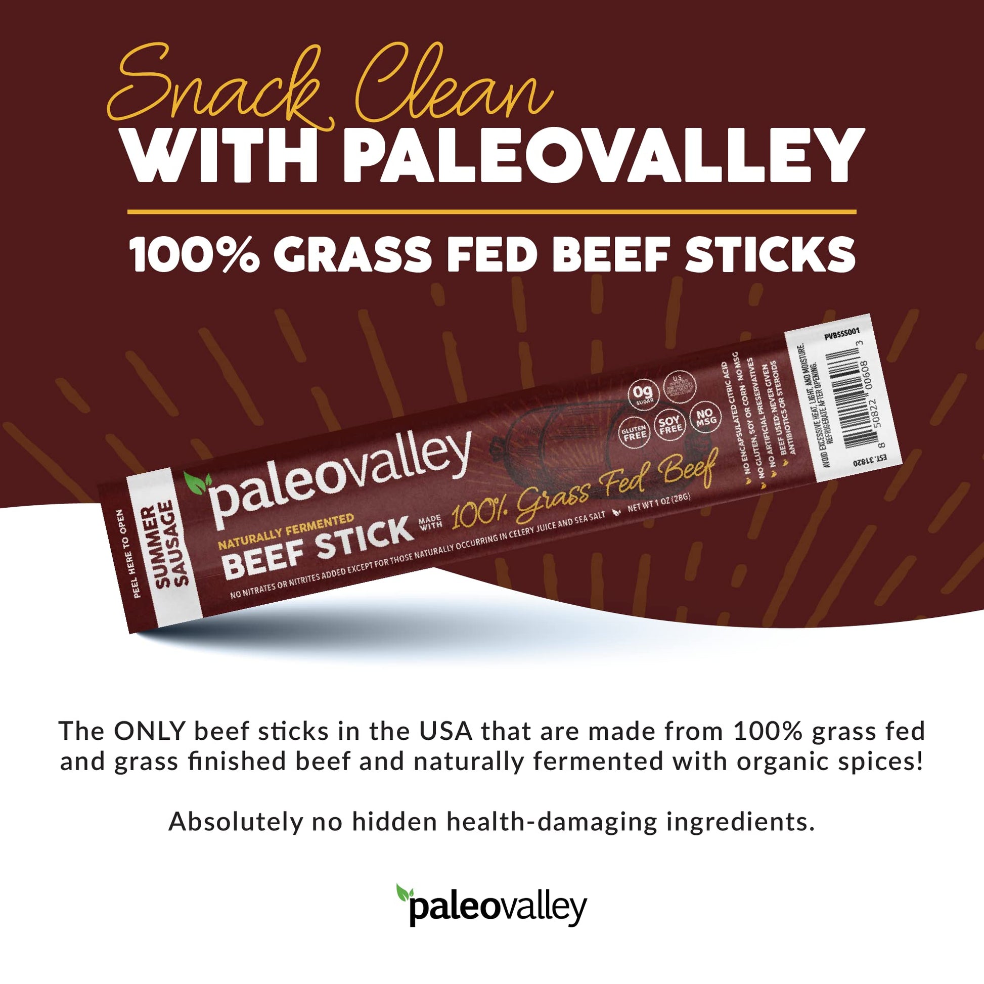Paleovalley 100% Grass Fed Summer Sausage Beef Sticks - Delicious Gluten Free Beef Snack - High Protein Keto Friendly - Maple Wellness Supplements