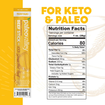 Paleovalley 100% Grass Fed Teriyaki Beef Sticks - Delicious Gluten Free Beef Snack - High Protein Keto Friendly - Maple Wellness Supplements