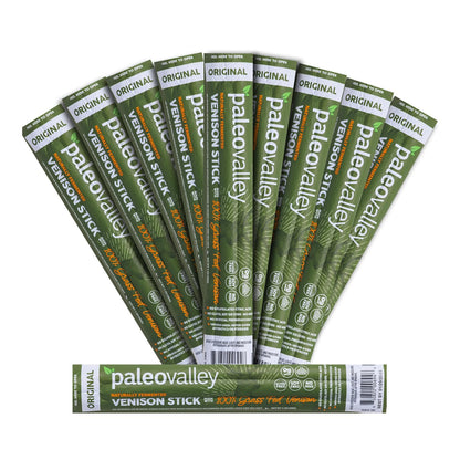 Paleovalley 100% Grass Fed Venison Sticks – 10 Pack – Keto-Friendly, High Protein, Low-Calorie Snack – Omega-3 Rich, Gluten-Free, Nitrate-Free, Naturally Flavored – Healthy On-the-Go Meat Snack - Maple Wellness Supplements