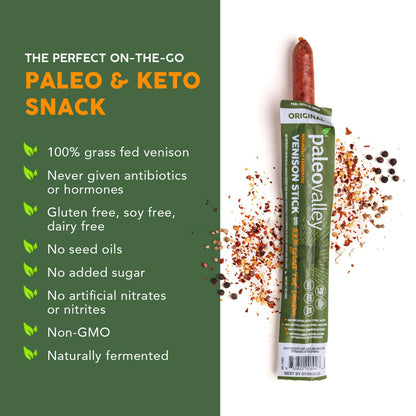 Paleovalley 100% Grass Fed Venison Sticks – 10 Pack – Keto-Friendly, High Protein, Low-Calorie Snack – Omega-3 Rich, Gluten-Free, Nitrate-Free, Naturally Flavored – Healthy On-the-Go Meat Snack - Maple Wellness Supplements