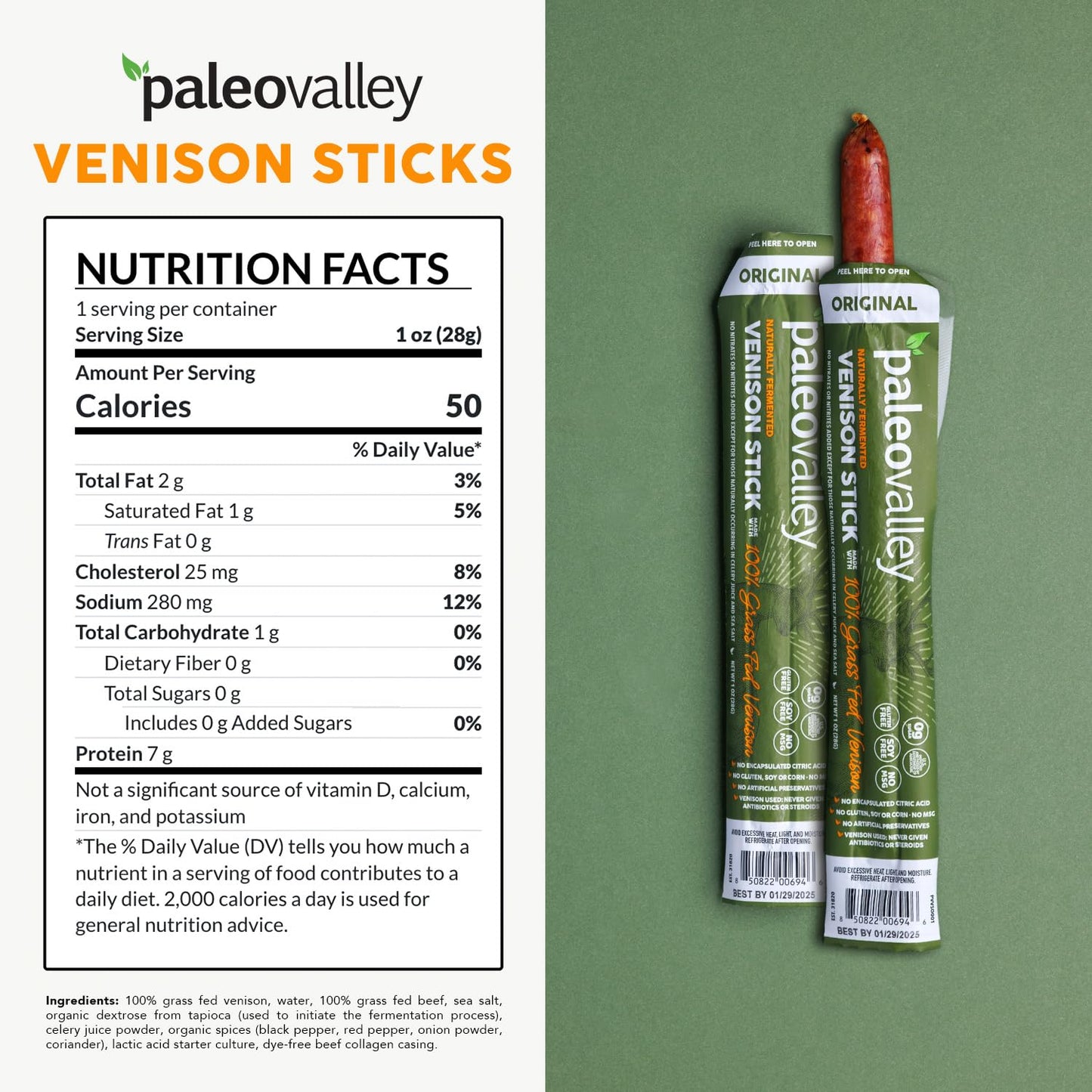 Paleovalley 100% Grass Fed Venison Sticks – 10 Pack – Keto-Friendly, High Protein, Low-Calorie Snack – Omega-3 Rich, Gluten-Free, Nitrate-Free, Naturally Flavored – Healthy On-the-Go Meat Snack - Maple Wellness Supplements