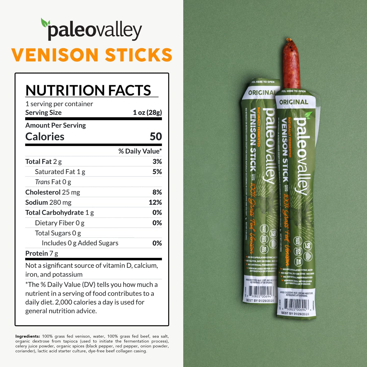Paleovalley 100% Grass Fed Venison Sticks – 10 Pack – Keto-Friendly, High Protein, Low-Calorie Snack – Omega-3 Rich, Gluten-Free, Nitrate-Free, Naturally Flavored – Healthy On-the-Go Meat Snack - Maple Wellness Supplements