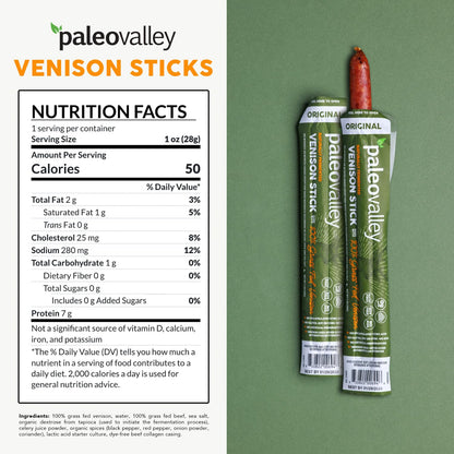 Paleovalley 100% Grass Fed Venison Sticks – 10 Pack – Keto-Friendly, High Protein, Low-Calorie Snack – Omega-3 Rich, Gluten-Free, Nitrate-Free, Naturally Flavored – Healthy On-the-Go Meat Snack - Maple Wellness Supplements