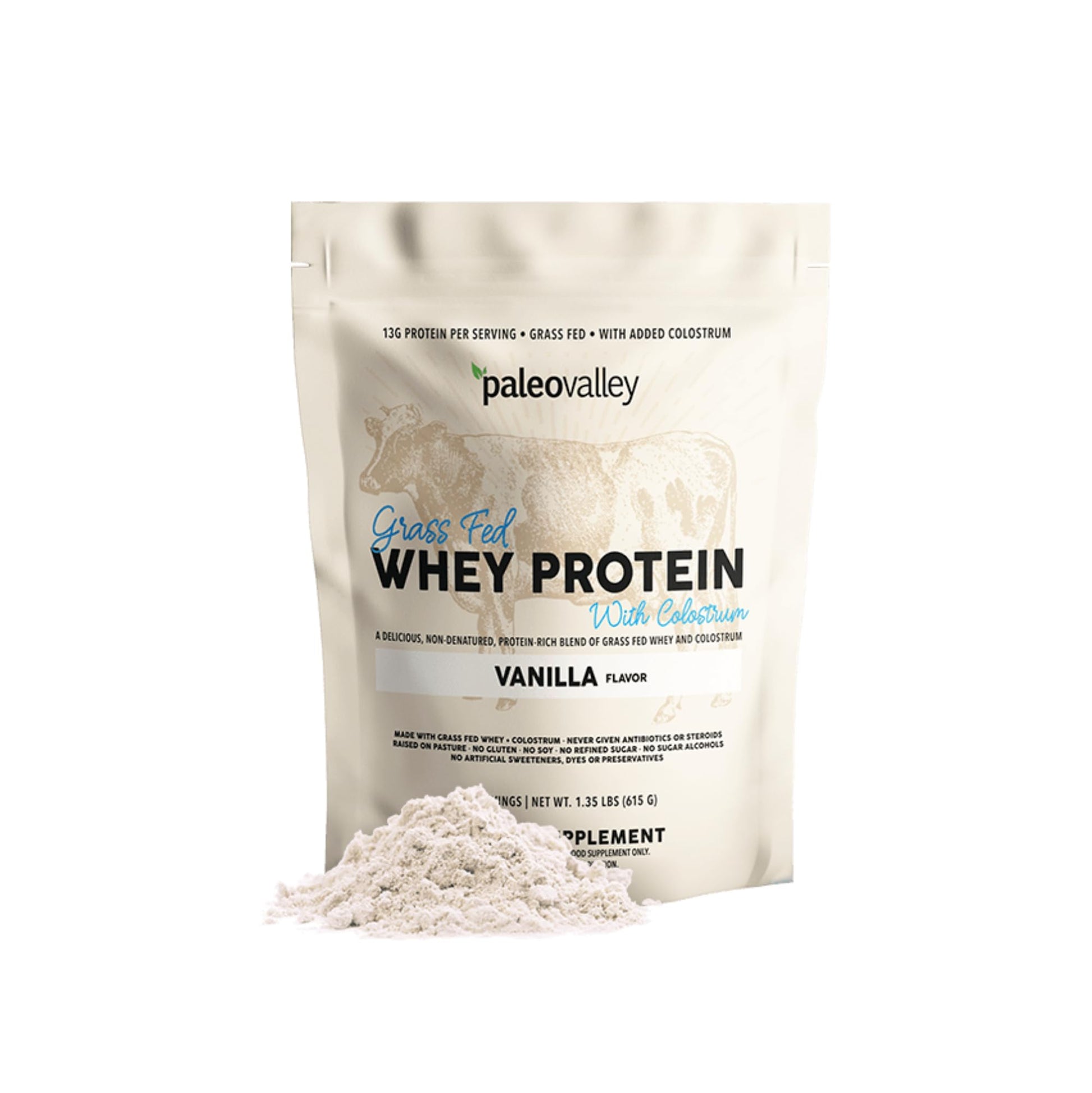 Paleovalley 100% Grassfed Whey Protein Powder with Colostrum, 30 Serving - Vanilla, 13g Protein, Muscle Building, Immune Support, Gut Health - Maple Wellness Supplements