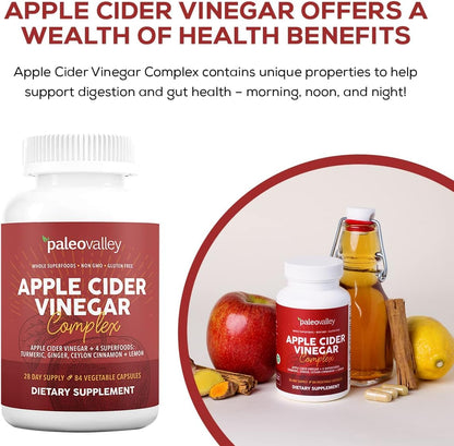 Paleovalley Apple Cider Vinegar Complex with Superfoods - Turmeric, Ginger, Ceylon Cinnamon and Lemon - 84 Vegetable Capsules - Maple Wellness Supplements