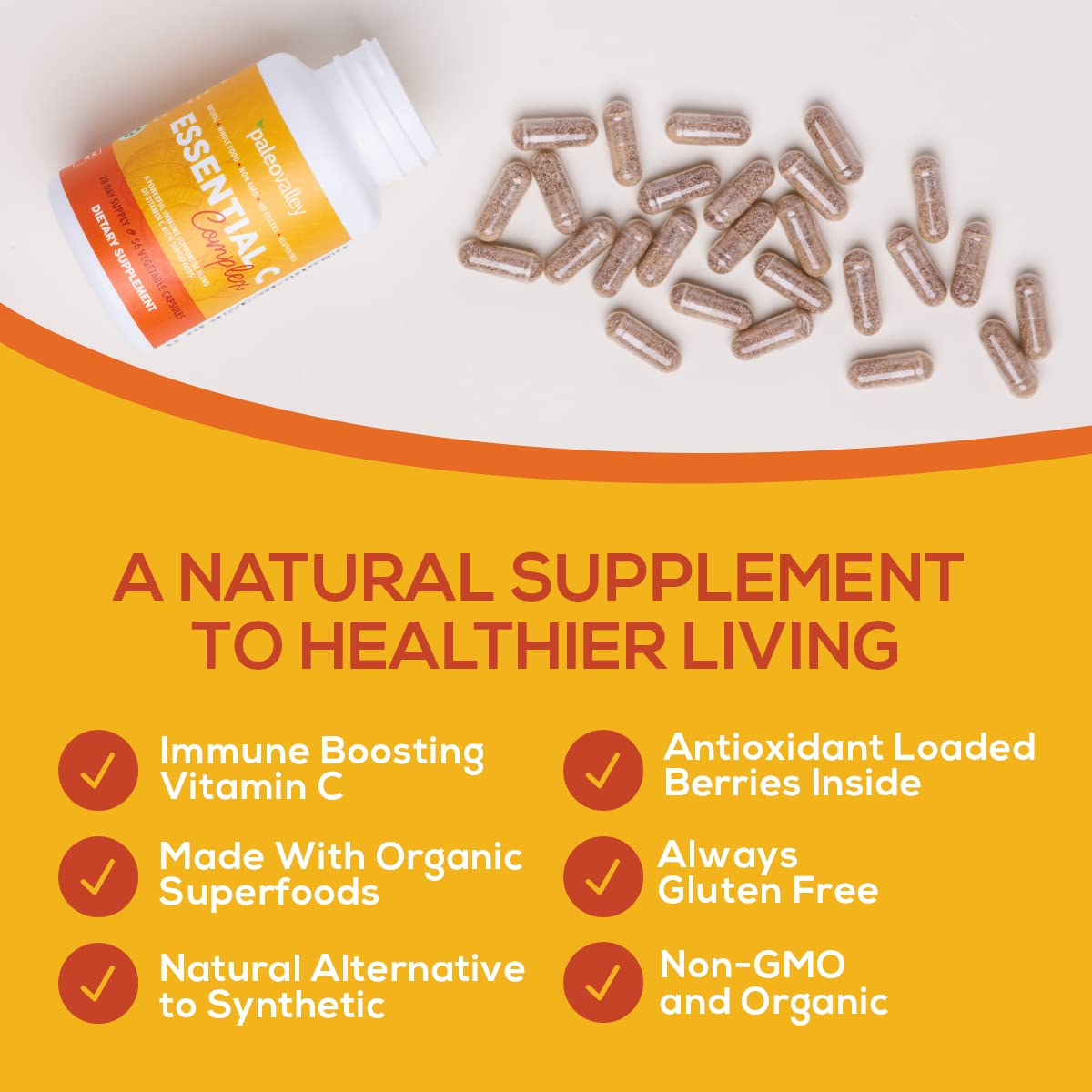 Paleovalley Essential C Complex - Vitamin C Supplement for Immune Support - 1 Pack, 450mg - Organic Superfoods Unripe Acerola Cherry, Camu Camu, Amla Berry - Maple Wellness Supplements