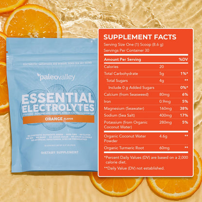 Paleovalley Essential Electrolytes Powder - Full Spectrum Orange Electrolyte Powder for Hydration, Energy and Muscle Recovery - No Sugar Added - 30 Servings - Maple Wellness Supplements