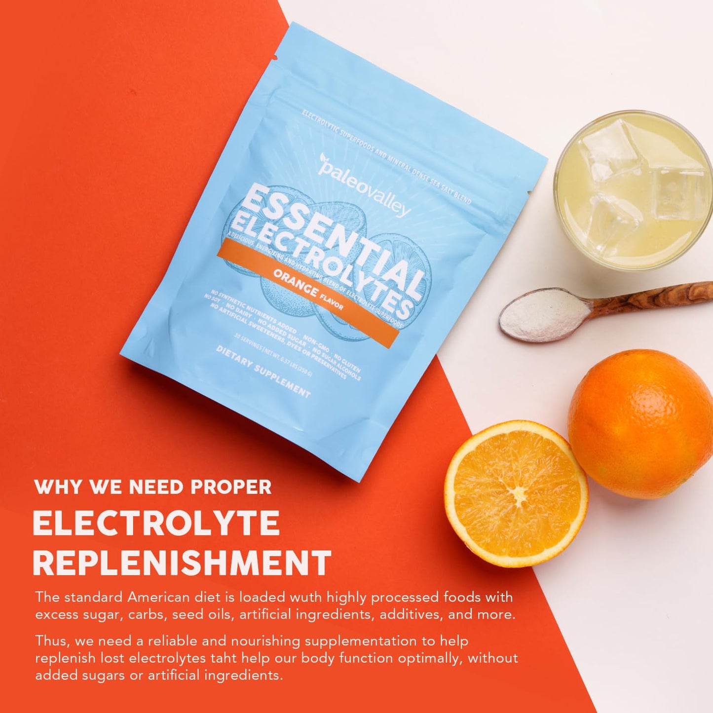 Paleovalley Essential Electrolytes Powder - Full Spectrum Orange Electrolyte Powder for Hydration, Energy and Muscle Recovery - No Sugar Added - 30 Servings - Maple Wellness Supplements