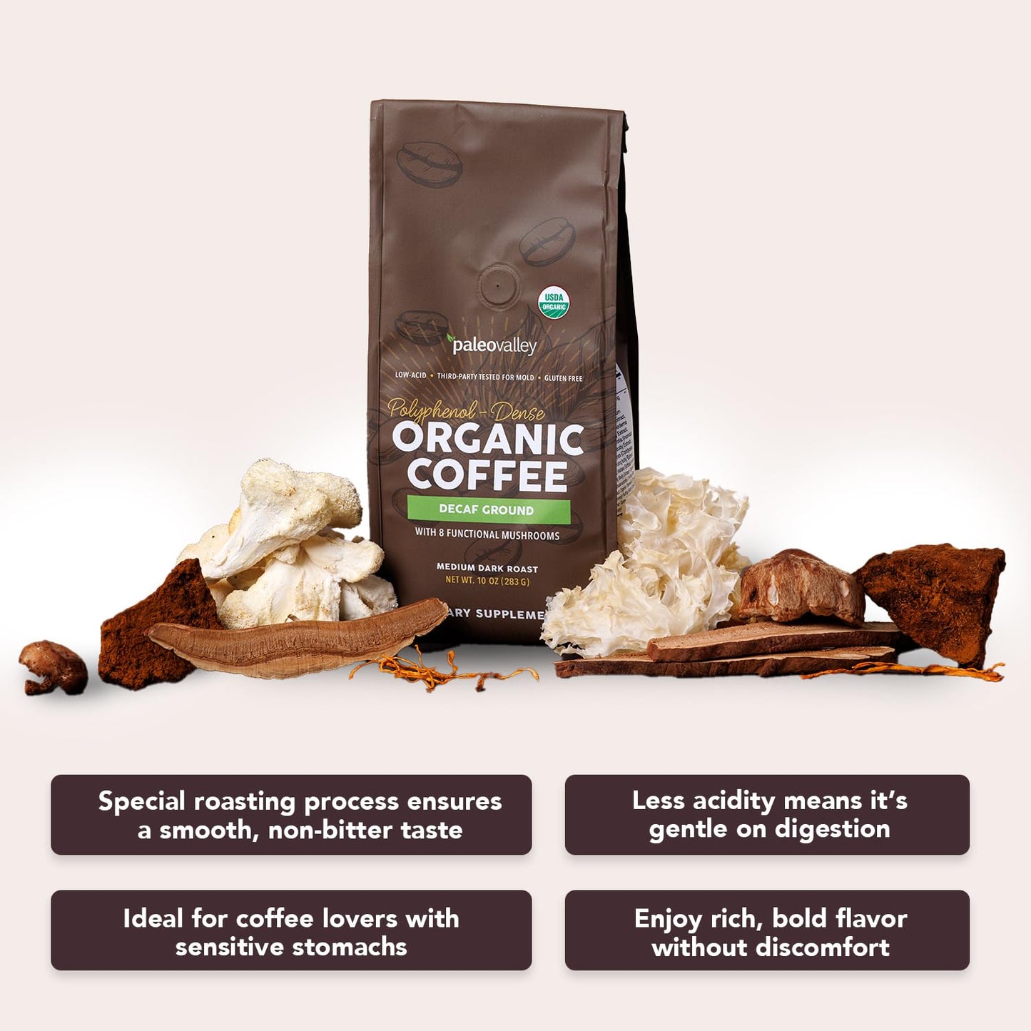 Paleovalley Organic Ground Coffee, 10oz - Decaf, Low Acid, Single-Origin, Polyphenol-Rich, Infused with Mushrooms - Maple Wellness Supplements