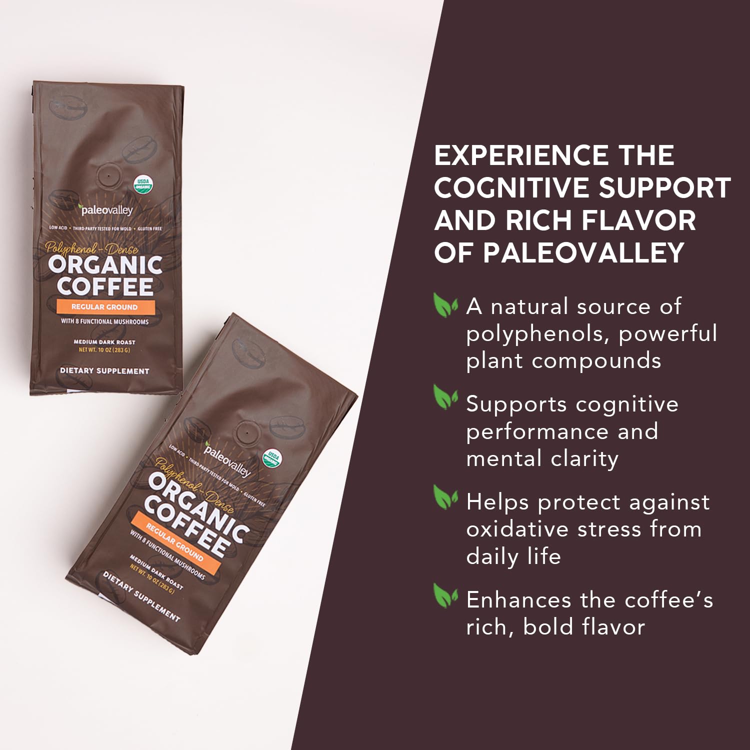 Paleovalley Organic Ground Coffee, 10oz - Regular, Low Acid, Single-Origin, Polyphenol-Rich, Infused with Mushrooms - Maple Wellness Supplements