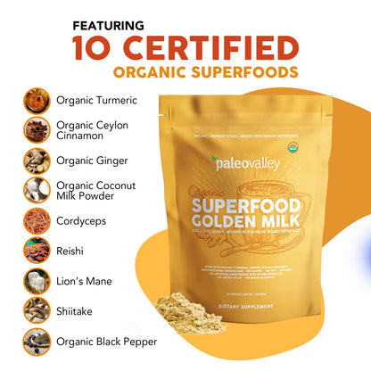 Paleovalley Organic Superfood Golden Milk - Immune, Focus, Cognitive, Longevity - Turmeric, MCT-Rich Coconut Milk, Functional Mushrooms, 30 Servings - Maple Wellness Supplements