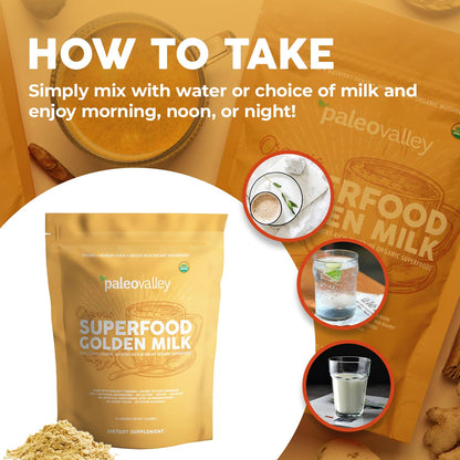 Paleovalley Organic Superfood Golden Milk - Immune, Focus, Cognitive, Longevity - Turmeric, MCT-Rich Coconut Milk, Functional Mushrooms, 30 Servings - Maple Wellness Supplements