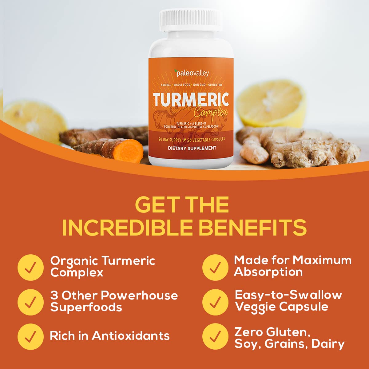 Paleovalley - Organic Turmeric Complex - Full Spectrum Organic Turmeric with Health-Supportive Superfoods - 56 Vegetarian Capsules - Support Joints, Immunity, Brain and Heart Health - Maple Wellness Supplements