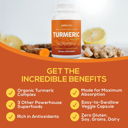 Paleovalley - Organic Turmeric Complex - Full Spectrum Organic Turmeric with Health-Supportive Superfoods - 56 Vegetarian Capsules - Support Joints, Immunity, Brain and Heart Health - Maple Wellness Supplements