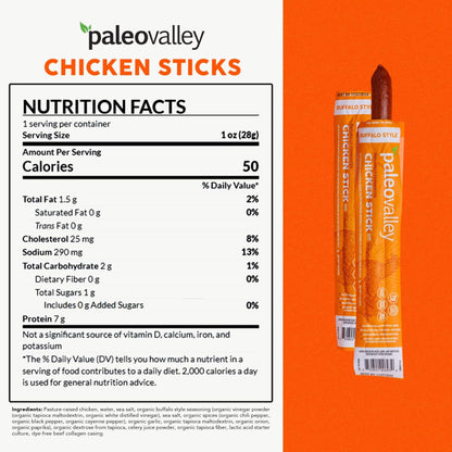 Paleovalley Pasture-Raised Chicken Sticks – 10 Pack – 7g Protein per Stick – Keto-Friendly, Paleo, Gluten-Free, Nitrate-Free – On-the-Go Snack (10 Pack, Buffalo) - Maple Wellness Supplements