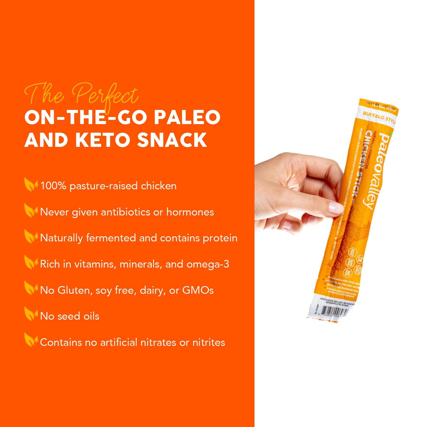 Paleovalley Pasture-Raised Chicken Sticks – 10 Pack – 7g Protein per Stick – Keto-Friendly, Paleo, Gluten-Free, Nitrate-Free – On-the-Go Snack (10 Pack, Buffalo) - Maple Wellness Supplements