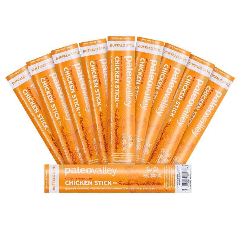 Paleovalley Pasture-Raised Chicken Sticks – 10 Pack – 7g Protein per Stick – Keto-Friendly, Paleo, Gluten-Free, Nitrate-Free – On-the-Go Snack (10 Pack, Buffalo) - Maple Wellness Supplements