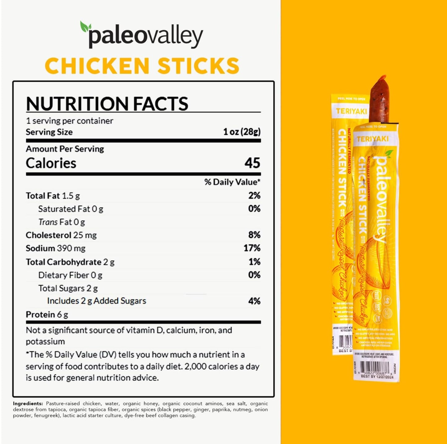 Paleovalley Pasture-Raised Chicken Sticks – 10 Pack – 7g Protein per Stick – Keto-Friendly, Paleo, Gluten-Free, Nitrate-Free – On-the-Go Snack (10 Pack, Teriyaki) - Maple Wellness Supplements