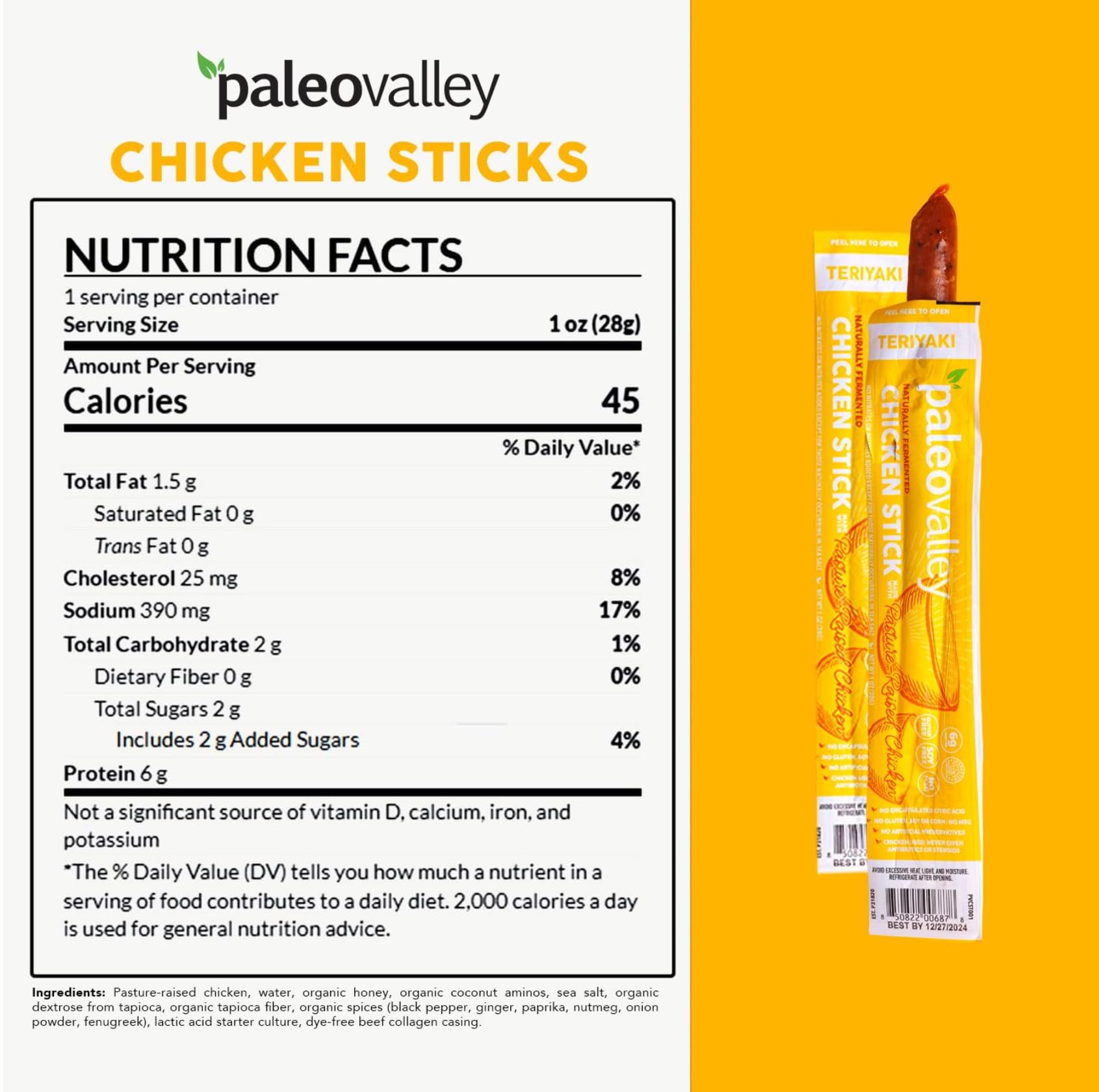 Paleovalley Pasture-Raised Chicken Sticks – 10 Pack – 7g Protein per Stick – Keto-Friendly, Paleo, Gluten-Free, Nitrate-Free – On-the-Go Snack (10 Pack, Teriyaki) - Maple Wellness Supplements
