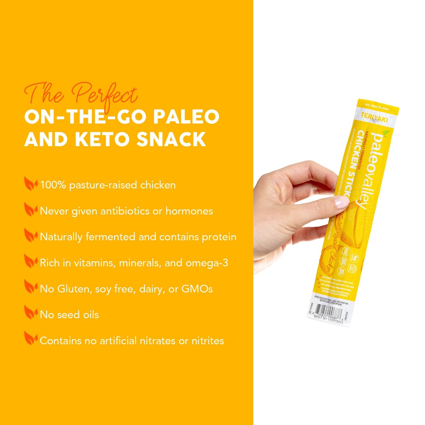 Paleovalley Pasture-Raised Chicken Sticks – 10 Pack – 7g Protein per Stick – Keto-Friendly, Paleo, Gluten-Free, Nitrate-Free – On-the-Go Snack (10 Pack, Teriyaki) - Maple Wellness Supplements