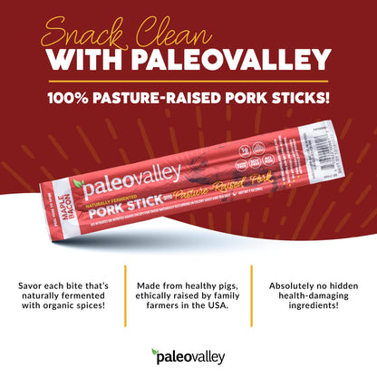 Paleovalley Pasture-Raised Pork Sticks - Maple Bacon Flavor Meat Sticks Individually Wrapped, 28g - 10 Sticks - Gluten-Free Protein Snack - Maple Wellness Supplements