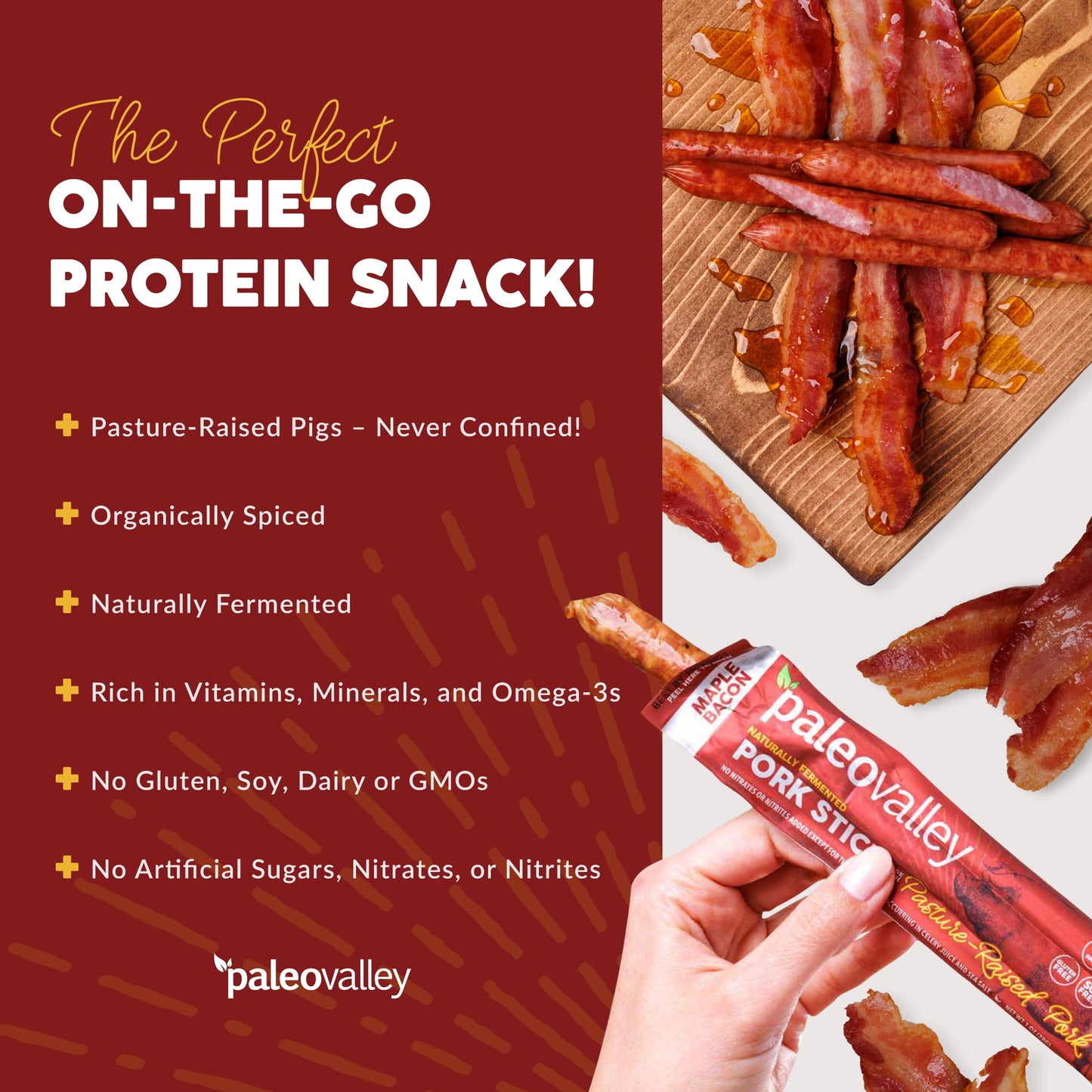 Paleovalley Pasture-Raised Pork Sticks - Maple Bacon Flavor Meat Sticks Individually Wrapped, 28g - 10 Sticks - Gluten-Free Protein Snack - Maple Wellness Supplements