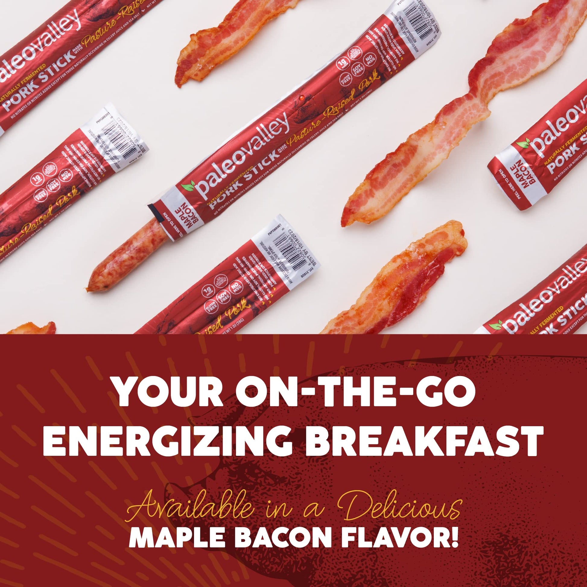 Paleovalley Pasture-Raised Pork Sticks - Maple Bacon Flavor Meat Sticks Individually Wrapped, 28g - 10 Sticks - Gluten-Free Protein Snack - Maple Wellness Supplements