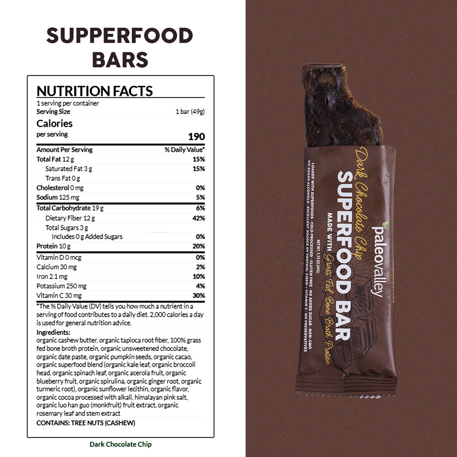 Paleovalley Superfood Bars – Dark Chocolate Chip– 10 Pack – 9g Protein per Bar – Gluten-Free, Grain-Free, Paleo, Non-GMO – On-the-Go Snack - Maple Wellness Supplements