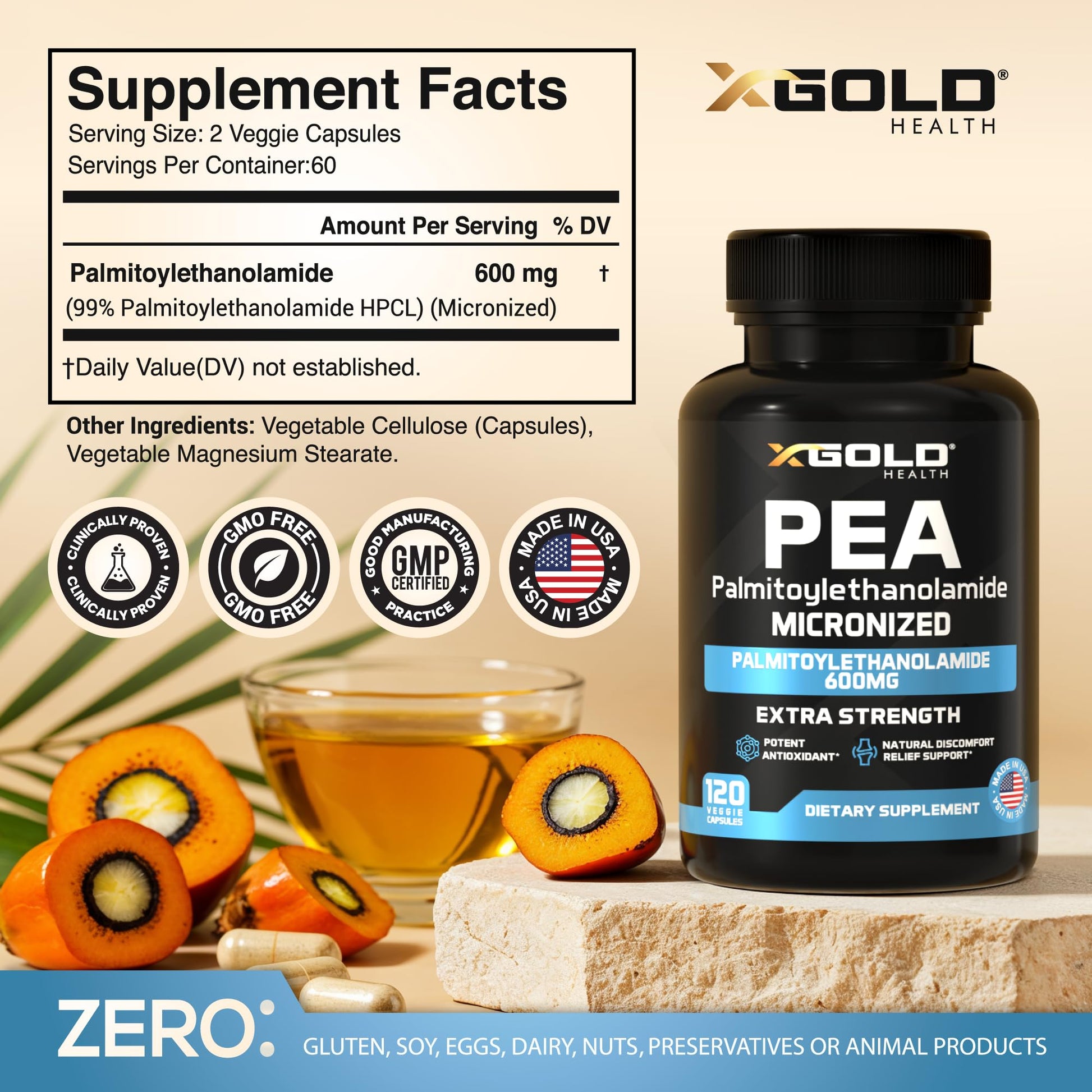 Palmitoylethanolamide Pea Supplement 600 mg | Micronized Pea 99% Highly Purified and Bioavailable | Made in USA | Supplement for Men and Women - 120 Capsules - Maple Wellness Supplements