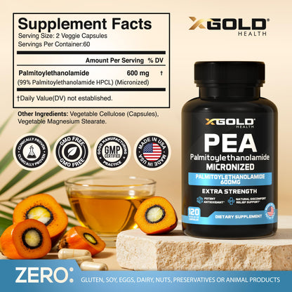 Palmitoylethanolamide Pea Supplement 600 mg | Micronized Pea 99% Highly Purified and Bioavailable | Made in USA | Supplement for Men and Women - 120 Capsules - Maple Wellness Supplements