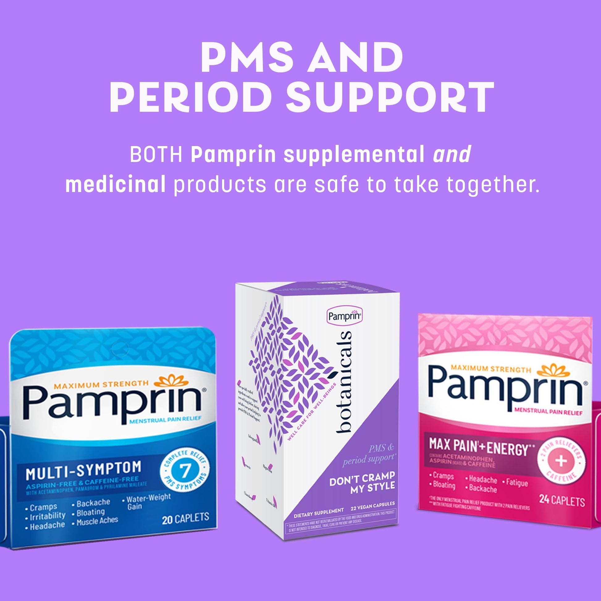 Pamprin Botanicals Supplement for PMS & Period Support, with Ashwagandha, Magnesium, Turmeric, Vitamin B6, Chasteberry, 22 Count - Maple Wellness Supplements