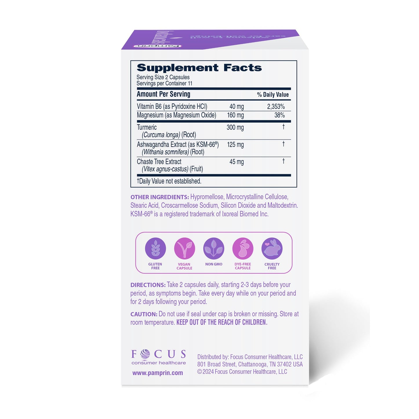 Pamprin Botanicals Supplement for PMS & Period Support, with Ashwagandha, Magnesium, Turmeric, Vitamin B6, Chasteberry, 22 Count - Maple Wellness Supplements