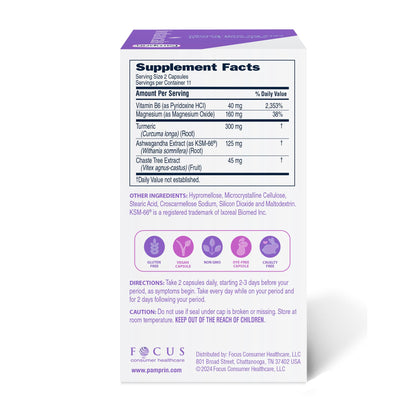 Pamprin Botanicals Supplement for PMS & Period Support, with Ashwagandha, Magnesium, Turmeric, Vitamin B6, Chasteberry, 22 Count - Maple Wellness Supplements