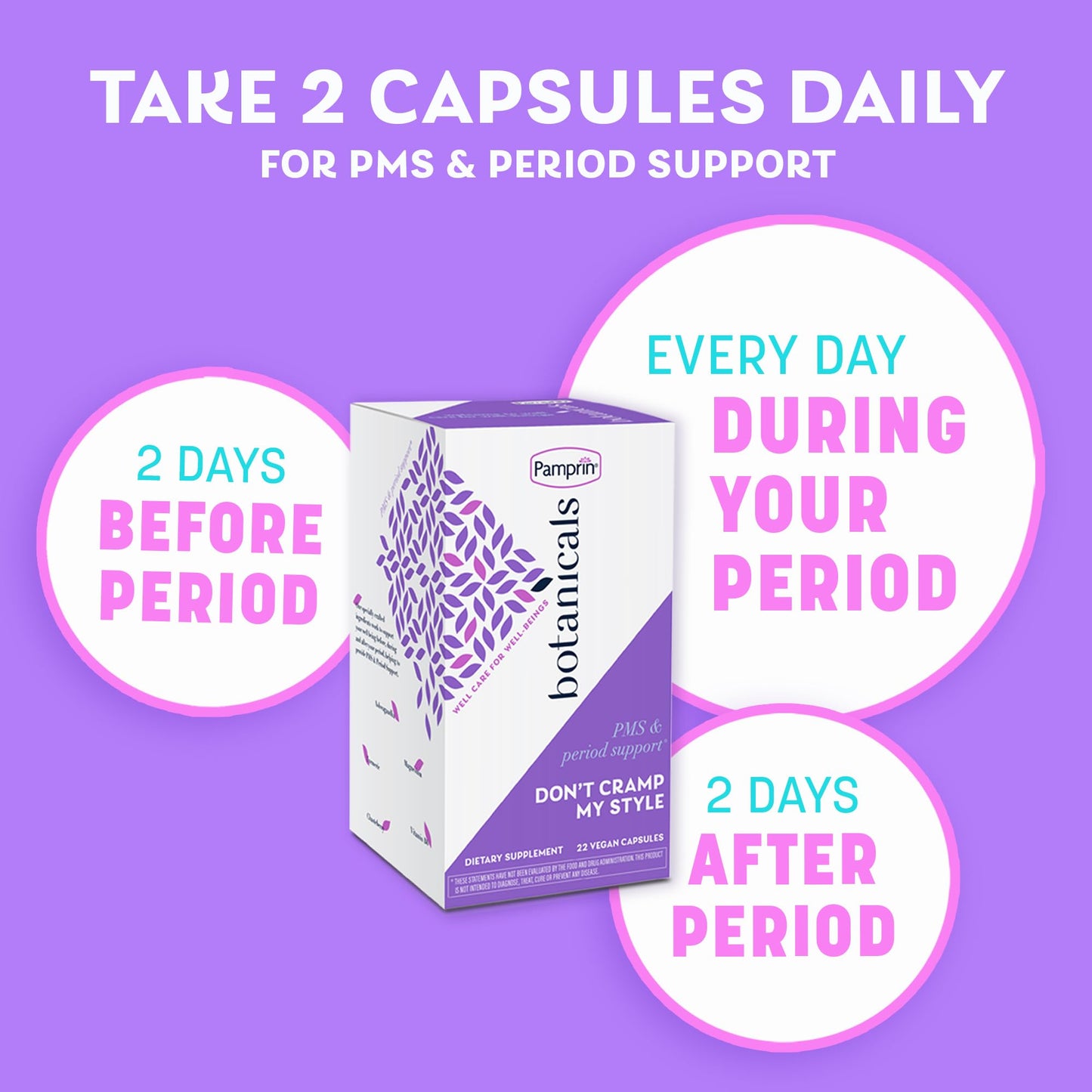 Pamprin Botanicals Supplement for PMS & Period Support, with Ashwagandha, Magnesium, Turmeric, Vitamin B6, Chasteberry, 22 Count - Maple Wellness Supplements