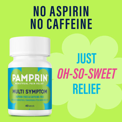 Pamprin Multi-Symptom Formula, with Acetaminophen, Menstrual Period Symptoms Relief including Cramps, Pain, Bloating, and Irritability 40 Caplets - Maple Wellness Supplements