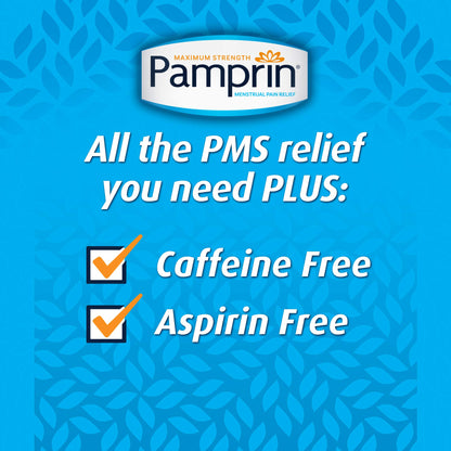 Pamprin Multi-Symptom Formula, with Acetaminophen, Menstrual Period Symptoms Relief including Cramps, Pain, Irritability and Bloating, 40 Caplets (Pack of 5) - Maple Wellness Supplements