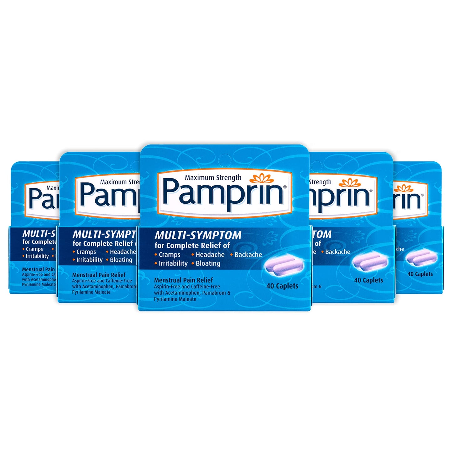 Pamprin Multi-Symptom Formula, with Acetaminophen, Menstrual Period Symptoms Relief including Cramps, Pain, Irritability and Bloating, 40 Caplets (Pack of 5) - Maple Wellness Supplements