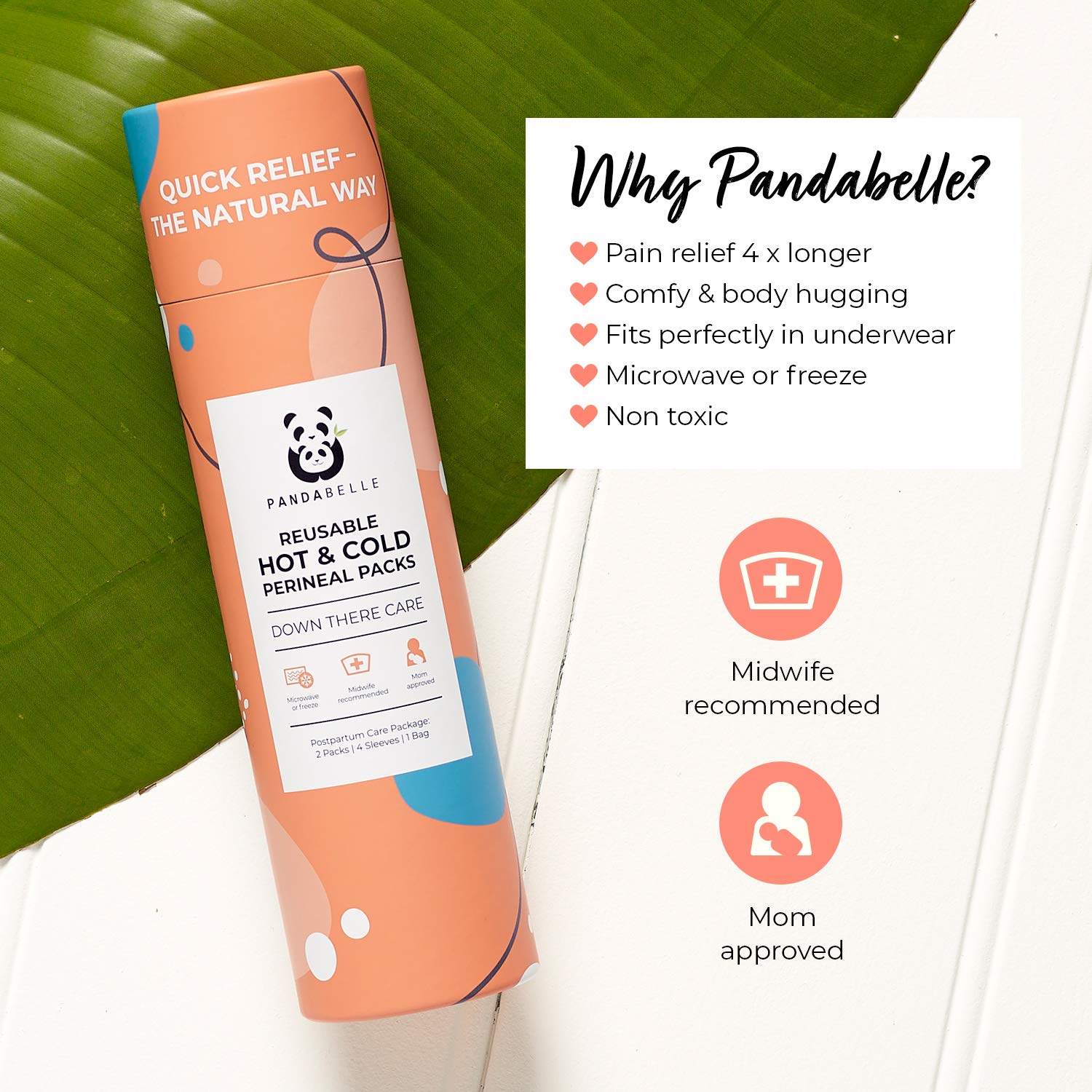 Pandabelle Hot & Cold Reusable Perineal Ice Pack with 4 Washable Cotton Sleeves & Carry Bag for Postpartum Perineal Pain, Hemorrhoids, C-Section Scar, Breastfeeding, Post-Waxing Hair Removal & More - Maple Wellness Supplements