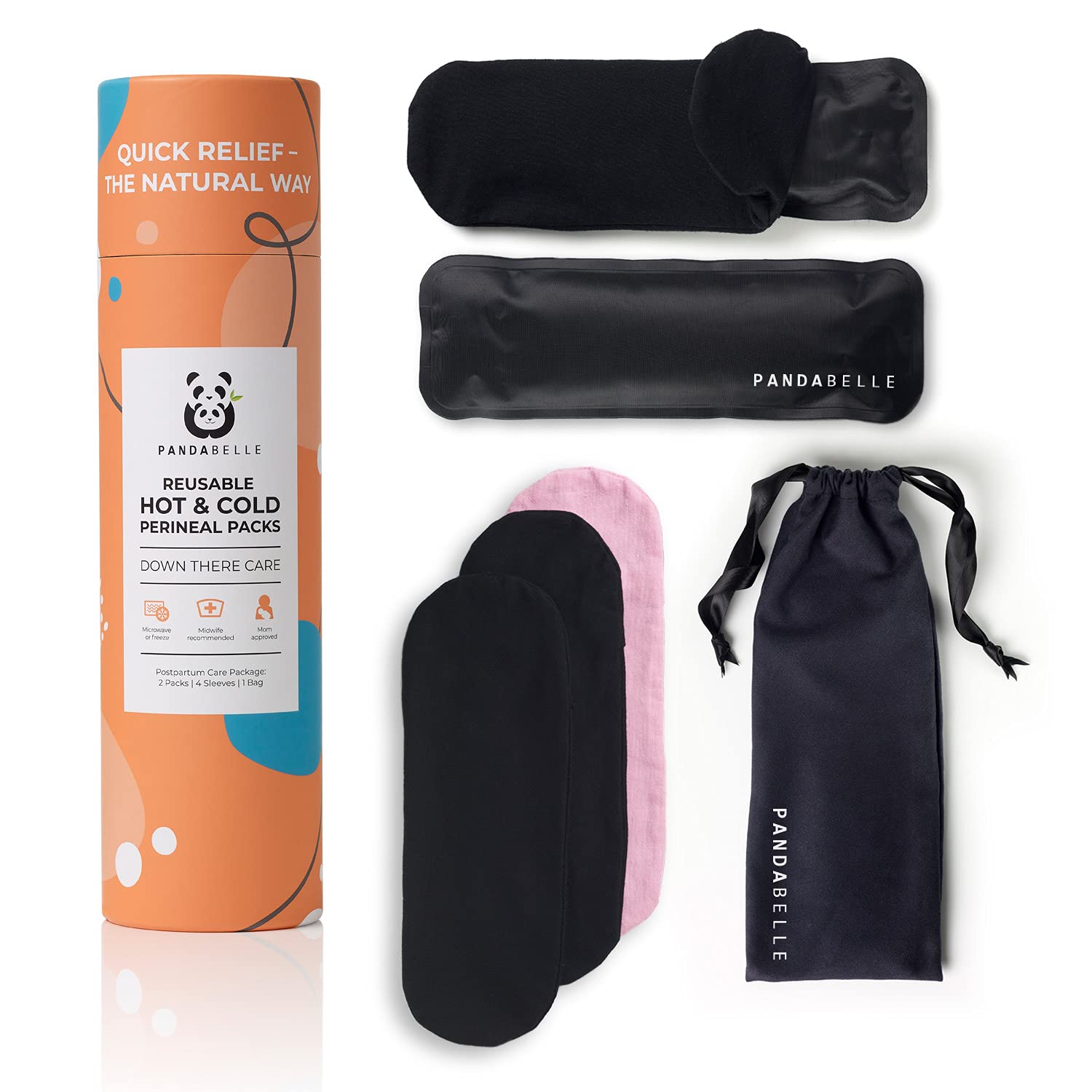 Pandabelle Hot & Cold Reusable Perineal Ice Pack with 4 Washable Cotton Sleeves & Carry Bag for Postpartum Perineal Pain, Hemorrhoids, C-Section Scar, Breastfeeding, Post-Waxing Hair Removal & More - Maple Wellness Supplements