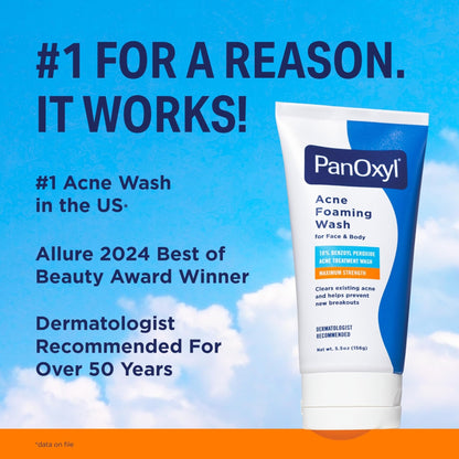 PanOxyl 10% Benzoyl Peroxide Acne Foaming Wash, Maximum Strength, Daily Acne-Fighting - Maple Wellness Supplements