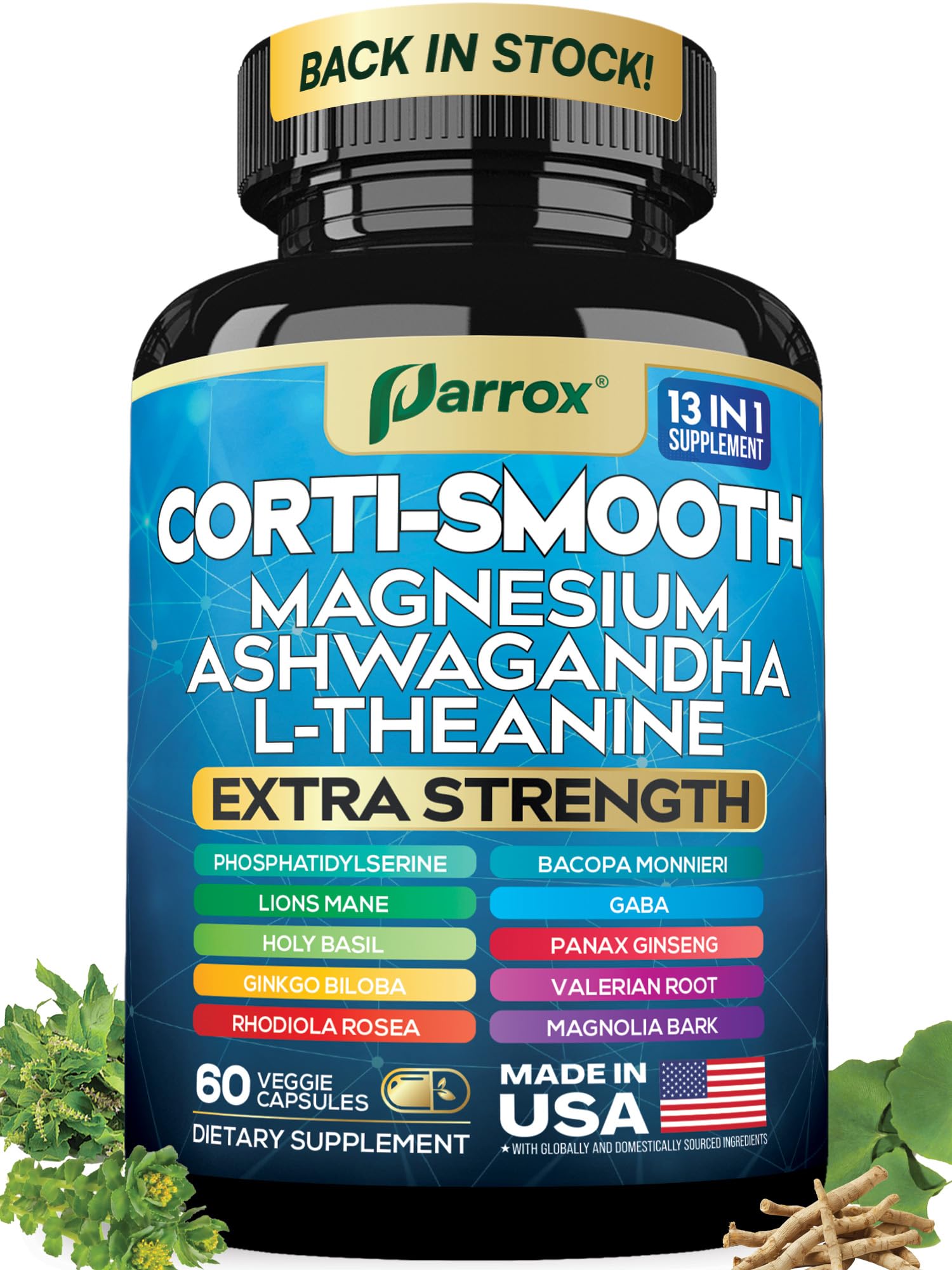 Parrox Corti-Smooth Cortisol Supplement Magnesium, L-Theanine, Ashwagandha, Phosphatidylserine, Valerian Root, Lions Mane, Bacopa Monnieri, Ginkgo Biloba, Panax Ginseng, Magnolia Bark, GABA (60 Caps) - Maple Wellness Supplements