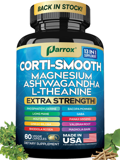 Parrox Corti-Smooth Cortisol Supplement Magnesium, L-Theanine, Ashwagandha, Phosphatidylserine, Valerian Root, Lions Mane, Bacopa Monnieri, Ginkgo Biloba, Panax Ginseng, Magnolia Bark, GABA (60 Caps) - Maple Wellness Supplements