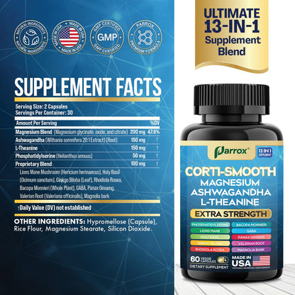 Parrox Corti-Smooth Cortisol Supplement Magnesium, L-Theanine, Ashwagandha, Phosphatidylserine, Valerian Root, Lions Mane, Bacopa Monnieri, Ginkgo Biloba, Panax Ginseng, Magnolia Bark, GABA (60 Caps) - Maple Wellness Supplements